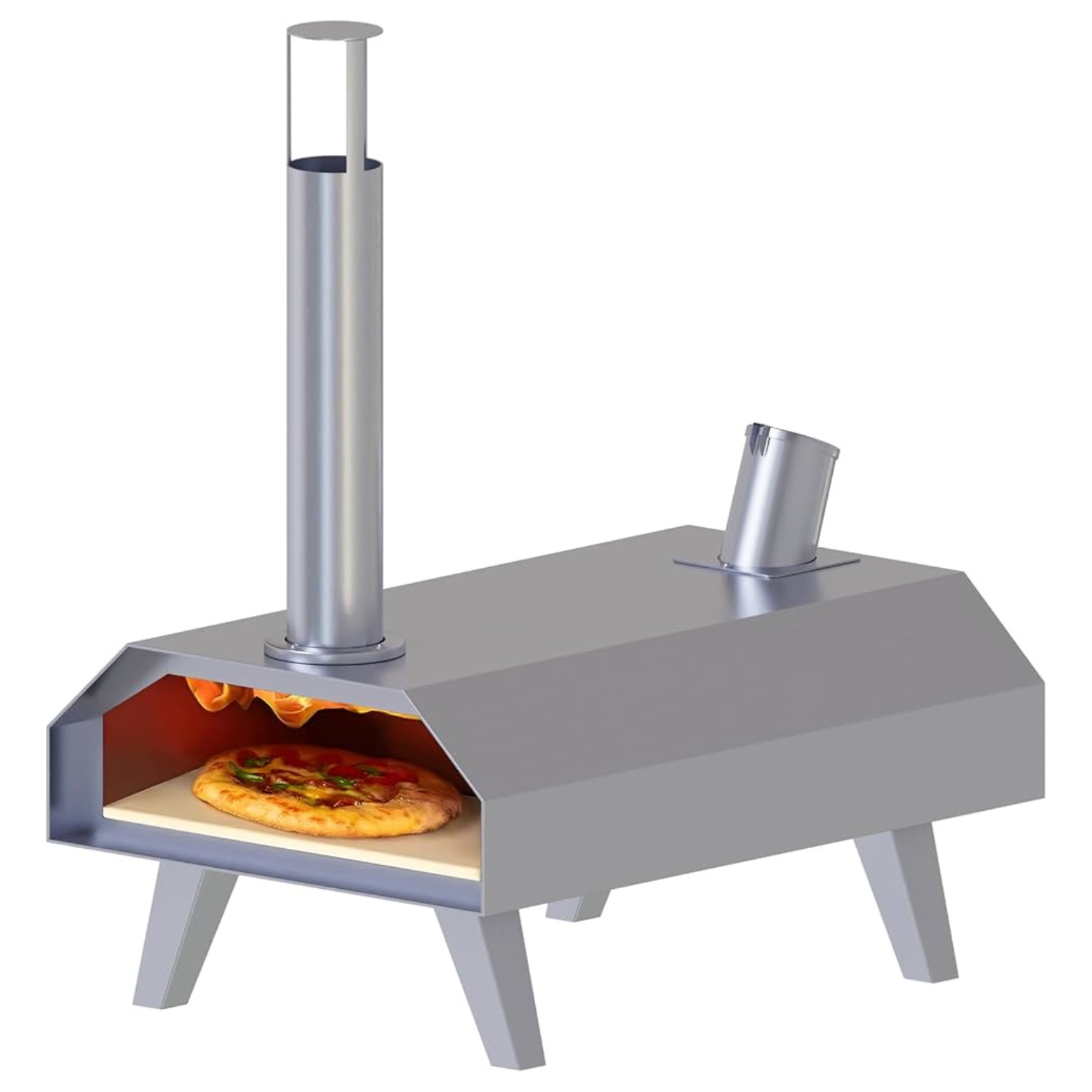 The GasOne 12\“ Pizza Oven is a portable, stainless steel oven with a chimney and a slanted entrance, designed for outdoor use. It's capable of cooking pizzas evenly with wood or charcoal, featuring a compact, modern design.
