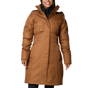 Brown Columbia winter long down jacket, featuring a high collar, front zipper with snap closures, two front pockets with button details, and a fitted design for warmth and style.