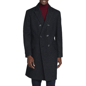 A men's double-breasted overcoat in dark, speckled fabric with a tailored fit; features include a notched lapel, long sleeves, button closure, and two front flap pockets. Worn over a maroon turtleneck sweater.