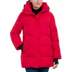 Red puffer coat with a hood, front zipper, snap buttons, large pockets, and a quilted design; features a high collar and cuffs with thumbholes, suitable for cold weather.