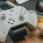 A white Xbox controller, a computer mouse, and a small figurine of a striped cat on a desk.