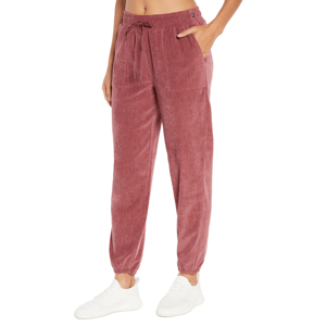 Pink jogger pants with drawstring waist and elastic cuffs, paired with white sneakers.