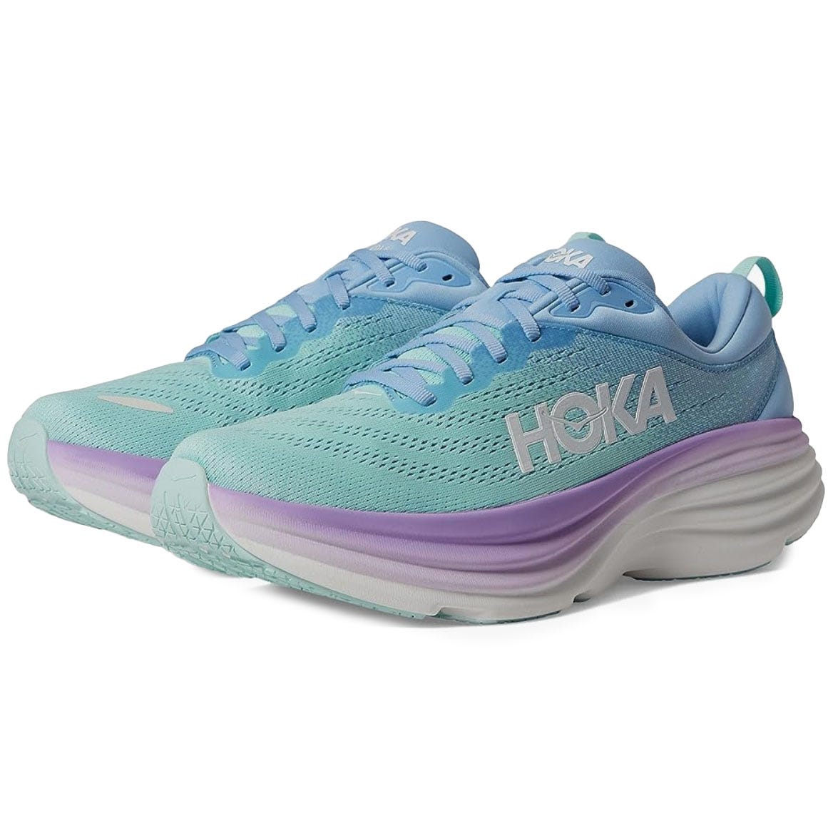 A pair of Hoka Bondi 8 running shoes in gradient shades of light blue to purple on the cushioned soles, with the brand name displayed on the side.