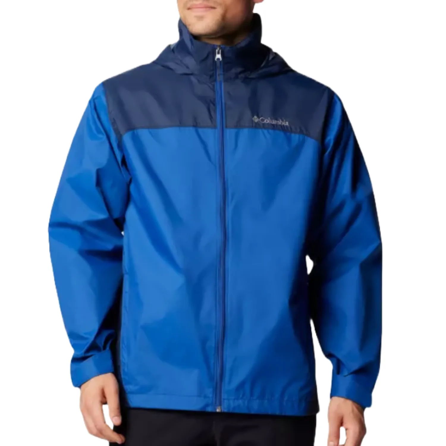 A blue Columbia Men's Rain Jacket with a darker blue yoke, front zipper closure, adjustable cuffs, and a high collar for weather protection.