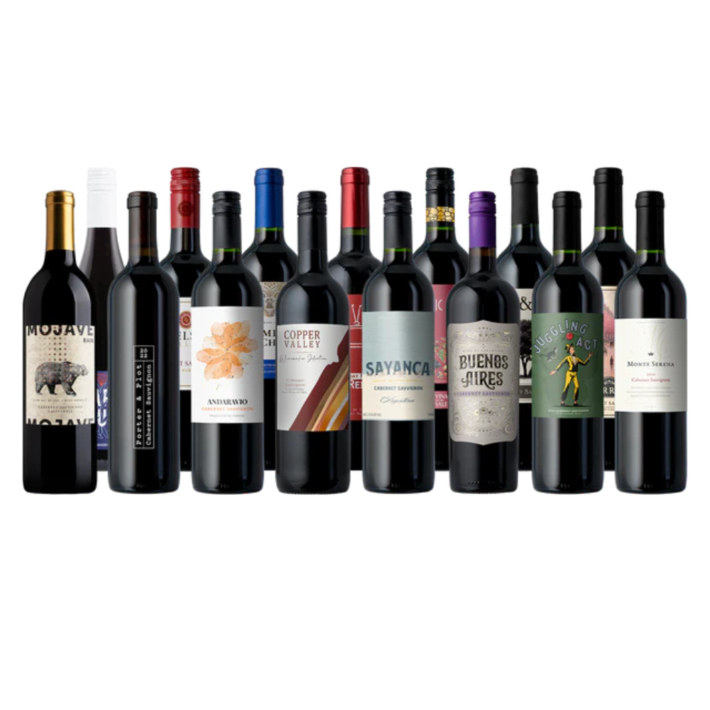 A selection of thirteen bottles of red wine from various brands, featuring labels with different designs including bears, abstract art, and figures.