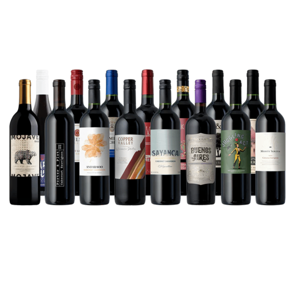 A selection of thirteen bottles of red wine from various brands, featuring labels with different designs including bears, abstract art, and figures.