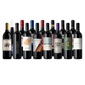 A selection of thirteen bottles of red wine from various brands, featuring labels with different designs including bears, abstract art, and figures.