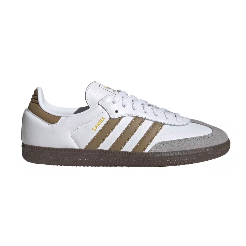 White Adidas Samba sneaker with brown stripes and a gum sole.