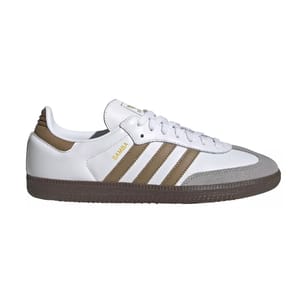 White Adidas Samba sneaker with brown stripes and a gum sole.