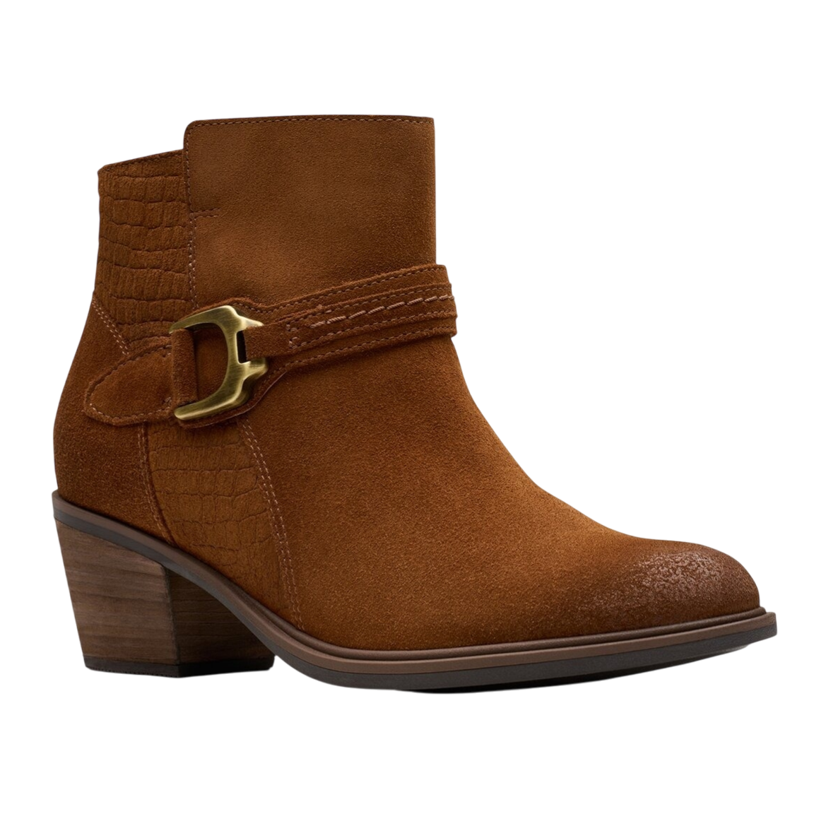 Brown suede ankle boot with a chunky wooden heel, decorative buckle, and crocodile-textured side panel.