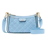 A light blue woven crossbody bag with gold-tone hardware and an adjustable strap, featuring the Kate Spade New York logo on the front.