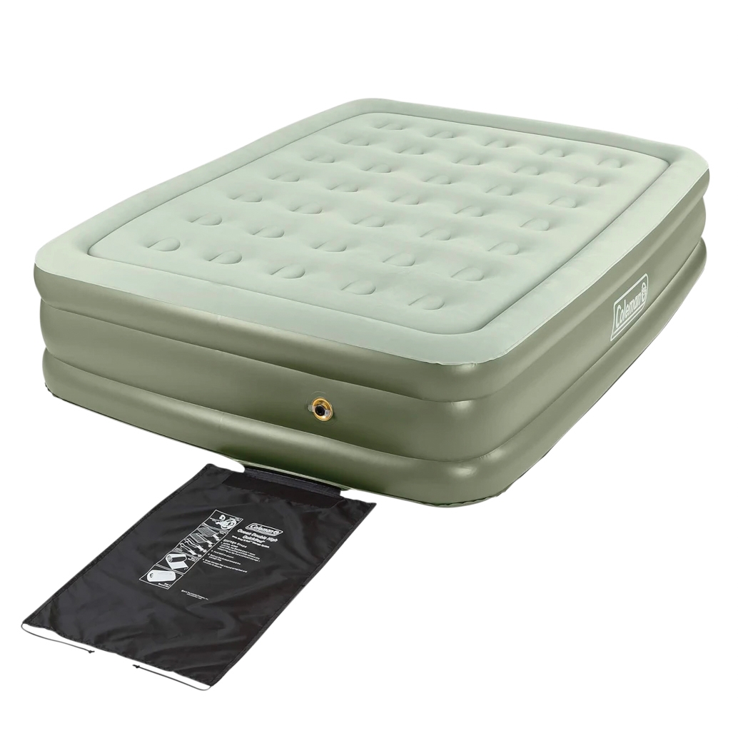 Coleman Queen Air Mattress, light green, features a raised double-high design with a soft top, dual-sealed valve, and an included pump bag for inflation.