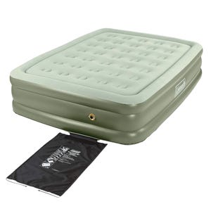 Coleman Queen Air Mattress, light green, features a raised double-high design with a soft top, dual-sealed valve, and an included pump bag for inflation.