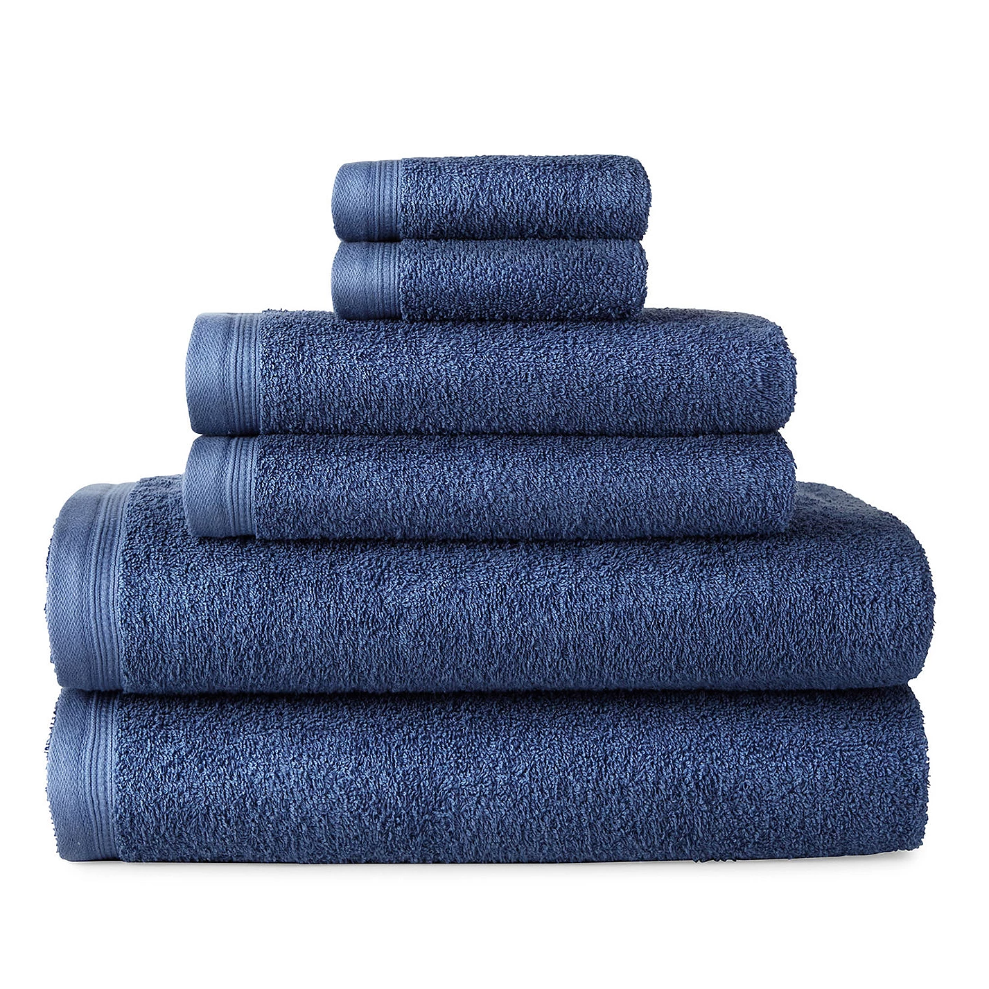 A set of six navy blue bath towels, including two bath towels, two hand towels, and two washcloths, neatly stacked.