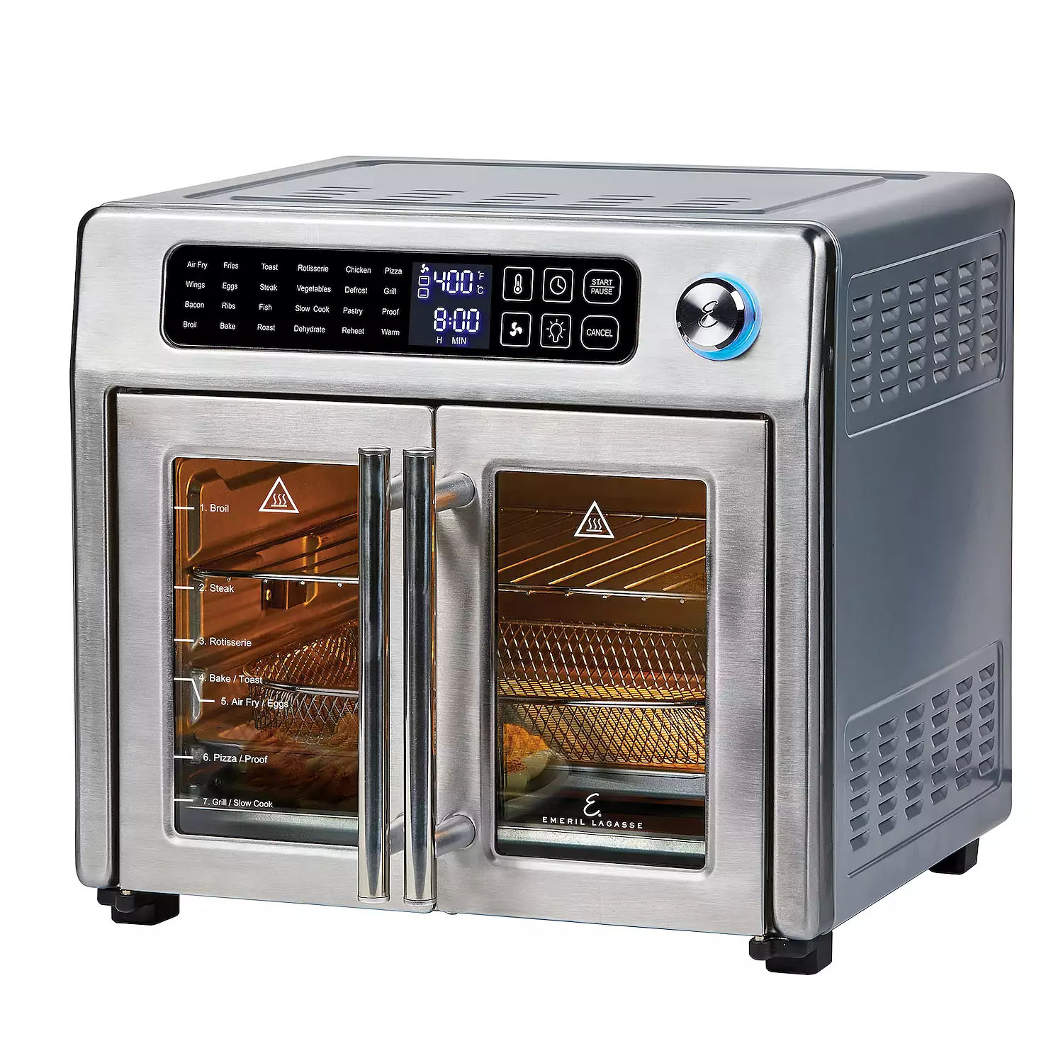 The Emeril XL French Door Air Fry Oven is a stainless steel countertop appliance with dual French doors, a digital display, and multiple cooking functions, including air fry, bake, broil, and rotisserie. It offers touchscreen controls and adjustable temperature settings.
