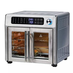 The Emeril XL French Door Air Fry Oven is a stainless steel countertop appliance with dual French doors, a digital display, and multiple cooking functions, including air fry, bake, broil, and rotisserie. It offers touchscreen controls and adjustable temperature settings.