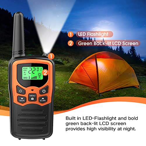 A walkie talkie with an LED flashlight at the top and a green backlit LCD screen, designed for high visibility at night.