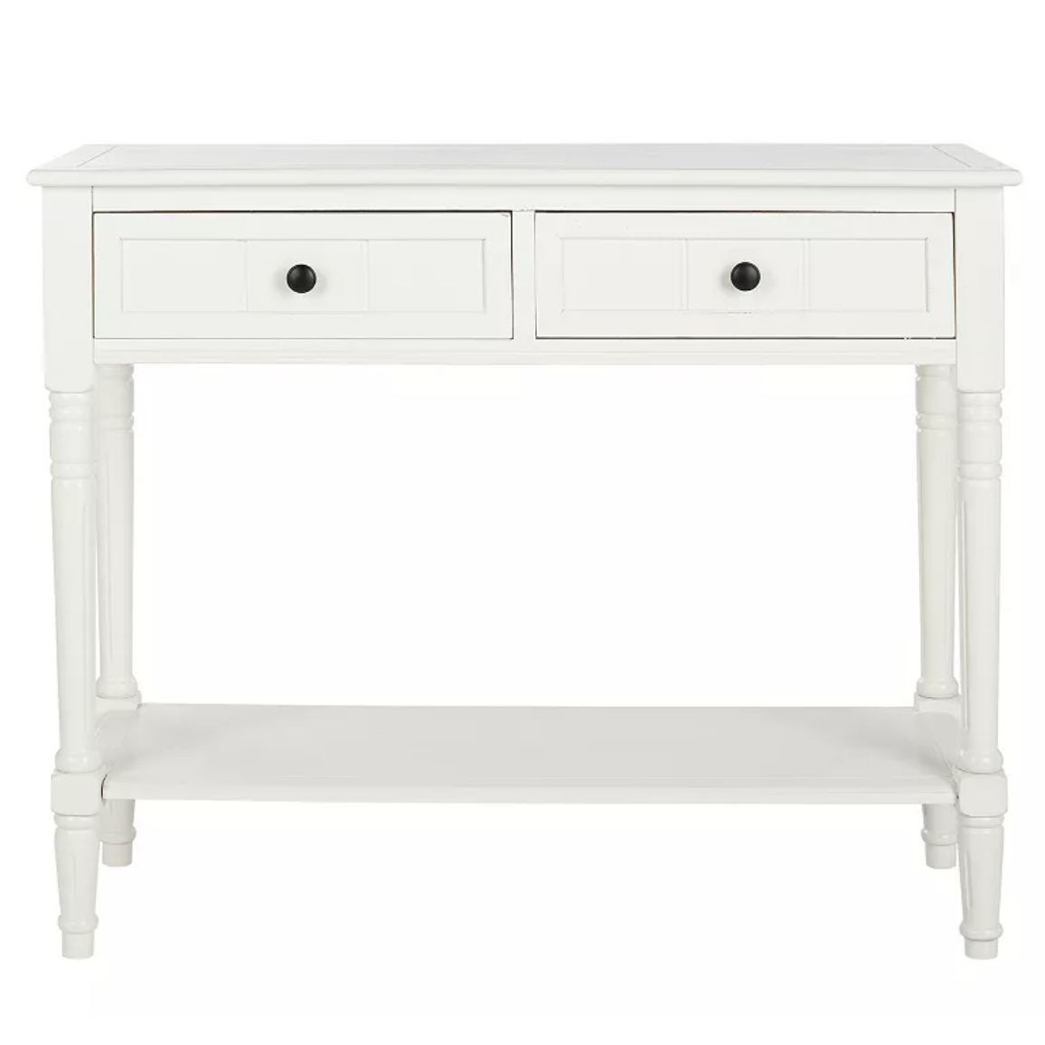White console table with two drawers and a lower shelf, featuring turned legs and black knobs.