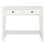 White console table with two drawers and a lower shelf, featuring turned legs and black knobs.