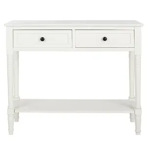 White console table with two drawers and a lower shelf, featuring turned legs and black knobs.