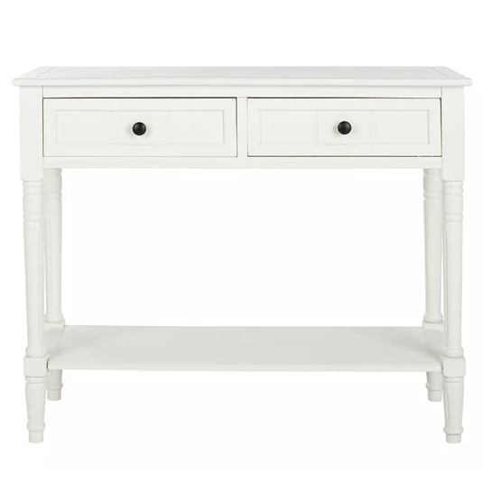 White console table with two drawers and a lower shelf, featuring turned legs and black knobs.