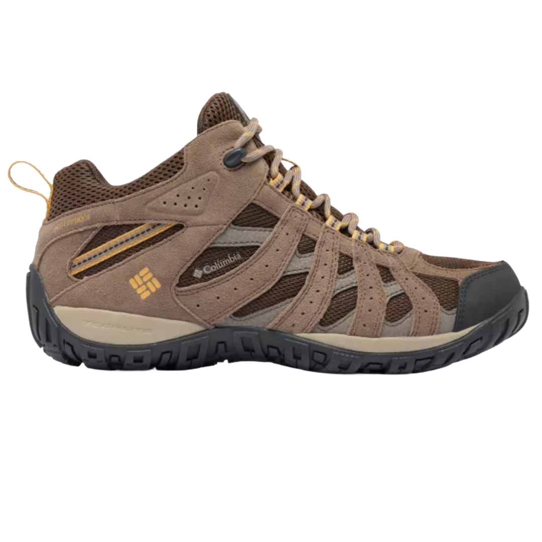 A brown Columbia hiking shoe with mesh and suede details, durable rubber sole, and lace-up design for outdoor activities.