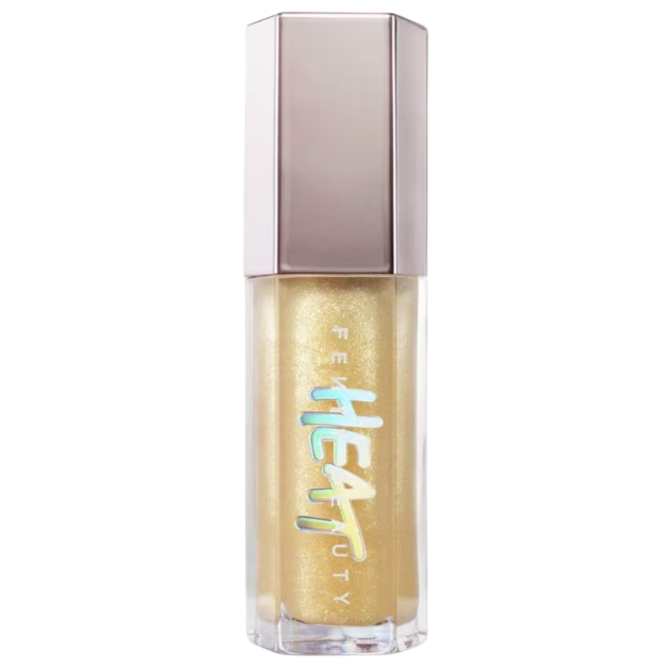 A Fenty Beauty gloss named \“Heat,\“ featuring a shimmering gold color in a transparent bottle with a metallic cap.