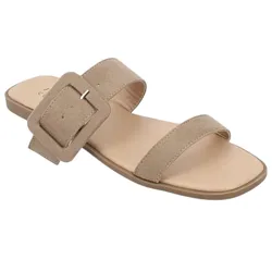A beige sandal with two straps, featuring a large square buckle on the wider strap, designed for slip-on wear.