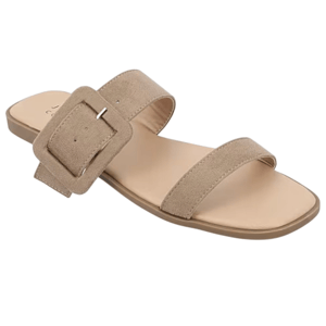 A beige sandal with two straps, featuring a large square buckle on the wider strap, designed for slip-on wear.