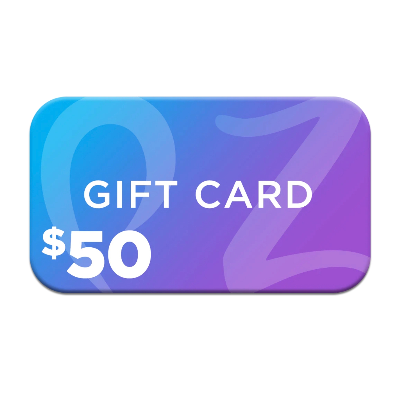 A $50 gift card with a gradient background of blue and purple hues, featuring the text \“GIFT CARD\“ and the amount displayed prominently.