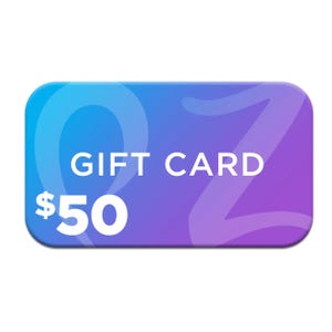 A $50 gift card with a gradient background of blue and purple hues, featuring the text \“GIFT CARD\“ and the amount displayed prominently.