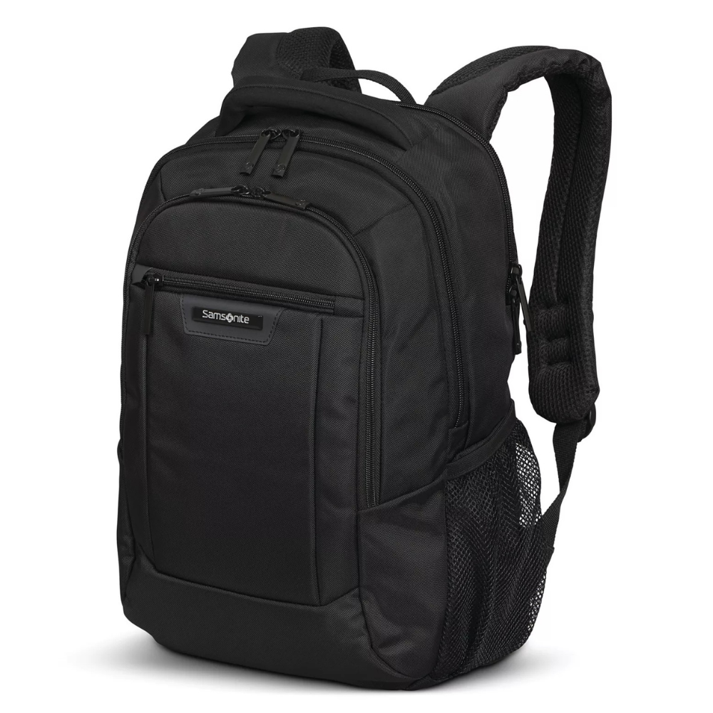 Black Samsonite backpack with multiple compartments, front zipper pocket, and mesh side pockets.