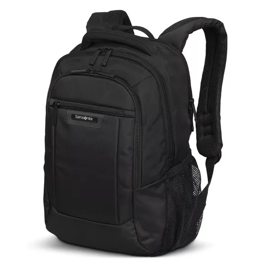 Black Samsonite backpack with multiple compartments, front zipper pocket, and mesh side pockets.