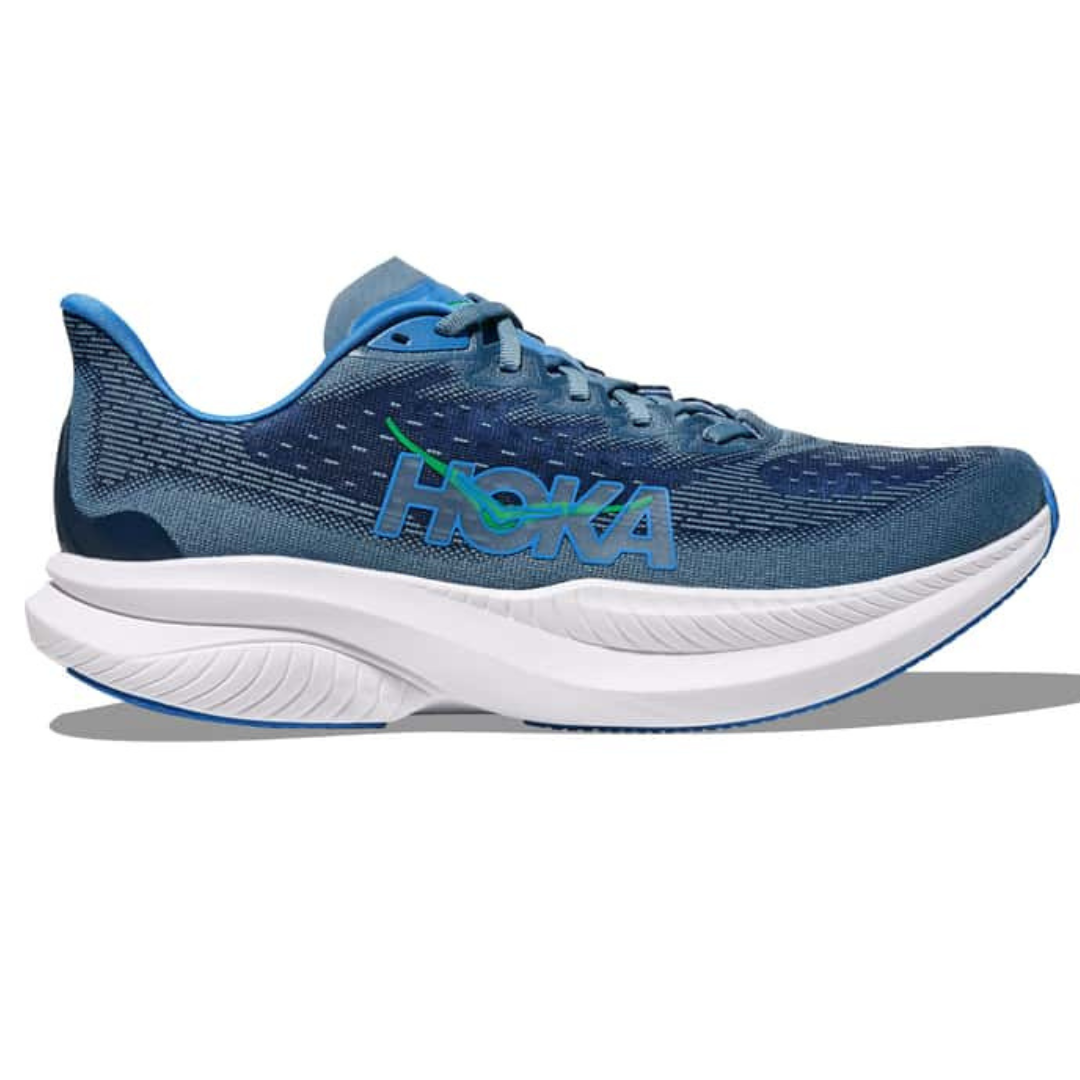 Blue Hoka running shoe featuring a thick white sole with textured grooves, designed for cushioning and support.