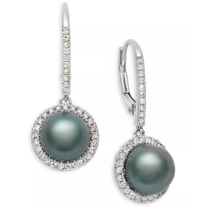 Silver drop earrings featuring round, dark pearls surrounded by a halo of small white stones, with lever-back clasps for secure wear.