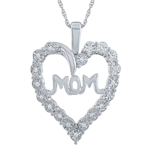 Heart-shaped pendant with \“MOM\“ in the center, adorned with small diamonds along the perimeter, attached to a delicate chain.
