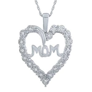 Heart-shaped pendant with \“MOM\“ in the center, adorned with small diamonds along the perimeter, attached to a delicate chain.