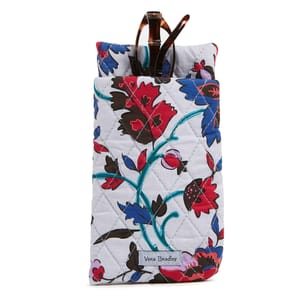 Vera Bradley Double Eyeglass Case in a quilted floral design with red, blue, and black flowers on a white background, featuring two compartments for storing multiple pairs of glasses.
