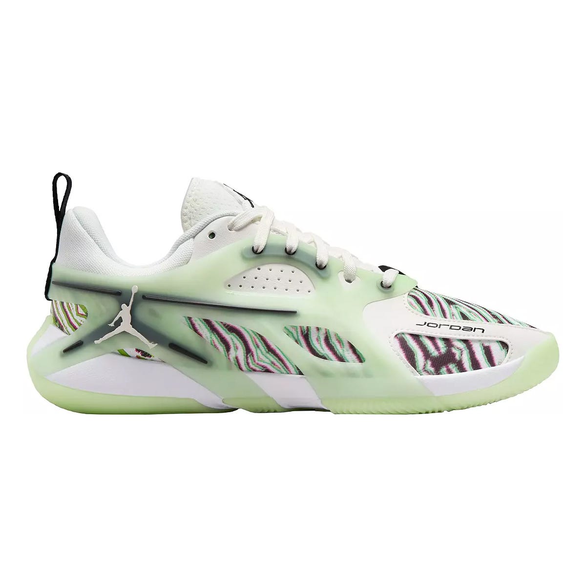 A Jordan sneaker featuring a white base with vibrant multicolor accents, translucent neon green overlays, and the iconic Jumpman logo.
