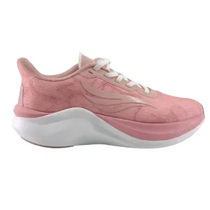 Pink athletic running shoe with a mesh upper, white laces, and a thick dual-toned sole for added cushioning and support.