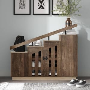 A tiered shoe storage cabinet with a wooden finish, it features open shelves on one side and a closed cupboard on the other, with a flat top for additional storage or display.