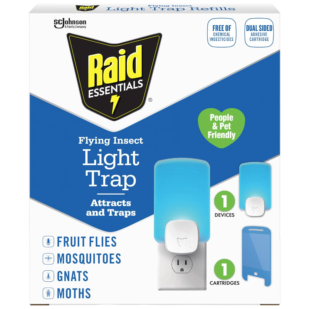 Raid Essentials Flying Insect Light Trap attracts and traps fruit flies, mosquitoes, gnats, and moths. It's people and pet-friendly, free of chemical insecticides, and includes one dual-sided adhesive cartridge.