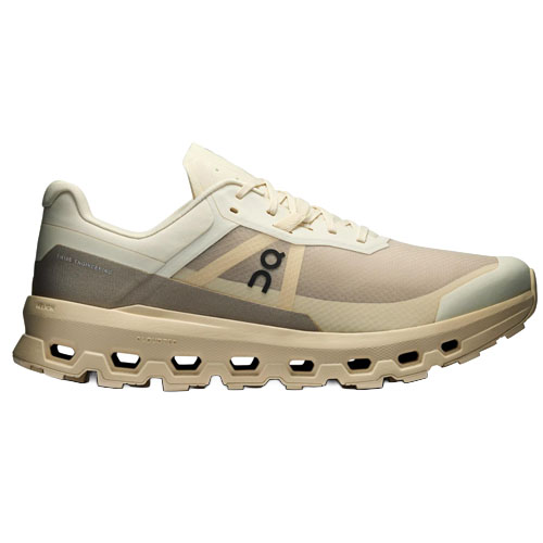 A beige and cream athletic shoe with a unique sole design featuring multiple open segments. The shoe displays a logo on the side and has lace-up fastening.