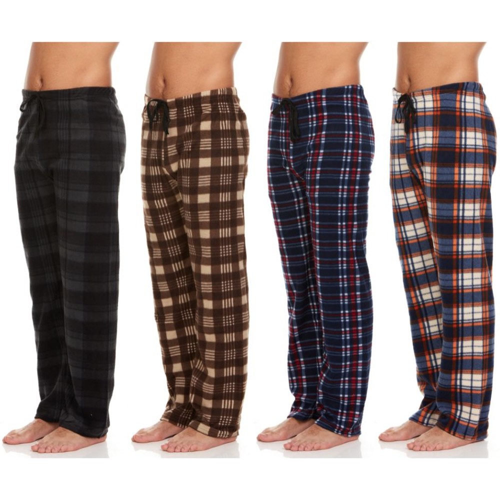 Four pairs of men's plaid pajama pants in black, brown, blue, and orange, each with a drawstring waist.