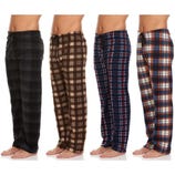 Four pairs of men's plaid pajama pants in black, brown, blue, and orange, each with a drawstring waist.