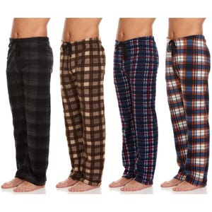 Four pairs of men's plaid pajama pants in black, brown, blue, and orange, each with a drawstring waist.