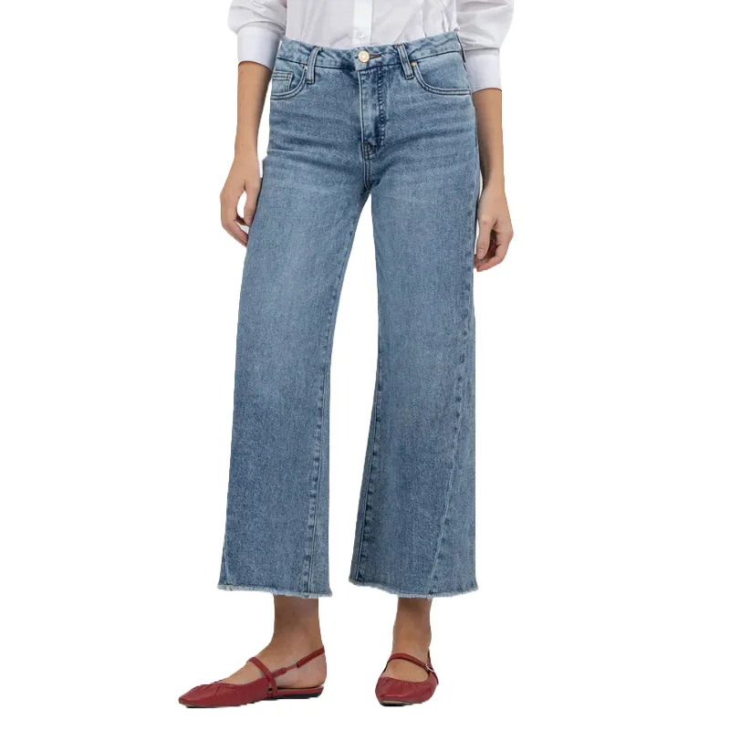 Meg High Rise Wide Leg jeans feature a wide leg cut, high-rise waist, and a raw hem, paired with a classic blue denim texture.