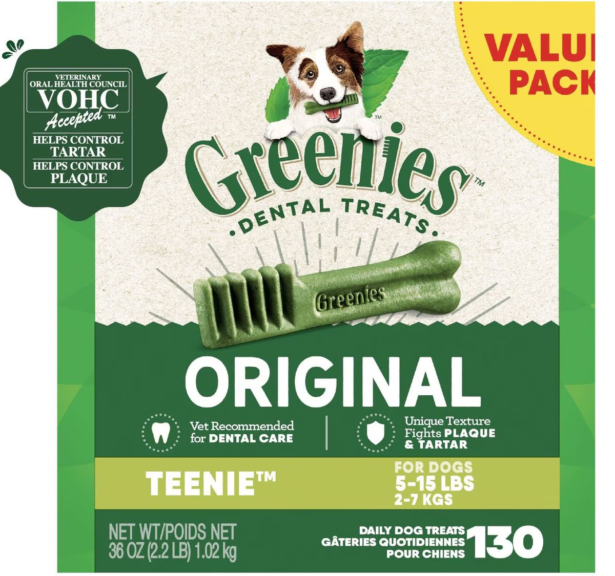 A value pack of Greenies Dental Treats for dogs designed to control tartar and plaque, specifically for dogs weighing 5 to 15 pounds. The pack contains 130 \“Teenie\“ sized treats.