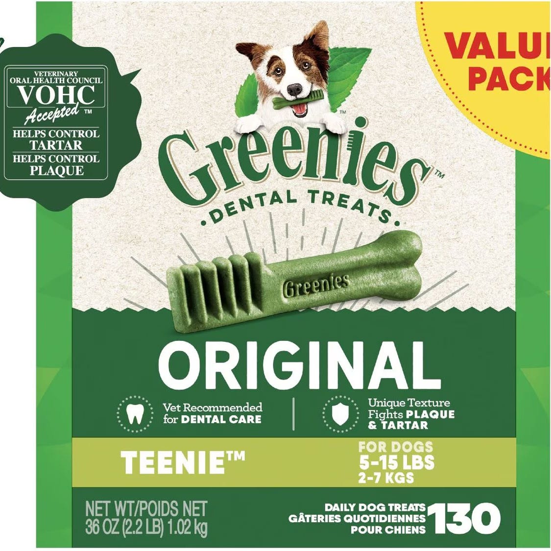 A value pack of Greenies Dental Treats for dogs designed to control tartar and plaque, specifically for dogs weighing 5 to 15 pounds. The pack contains 130 \“Teenie\“ sized treats.