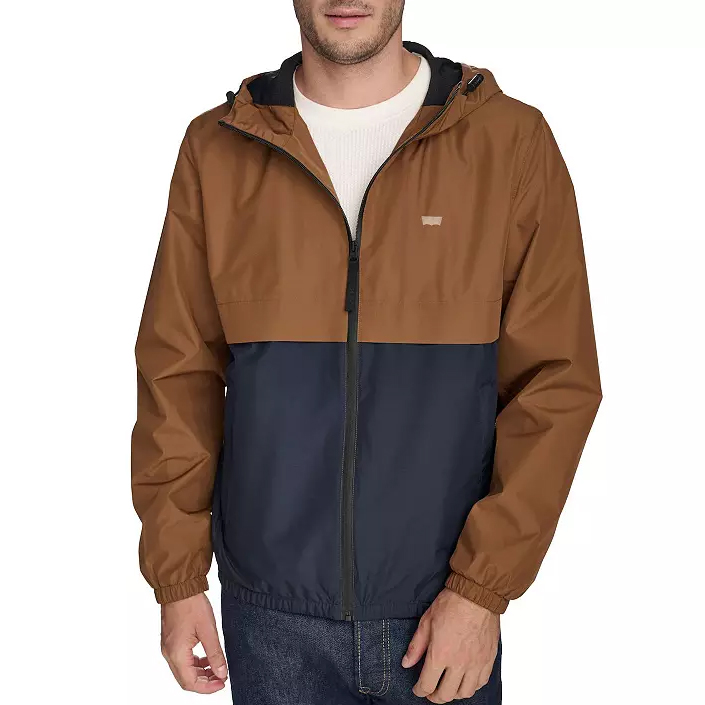 Levi's rain jacket features a color-block design with a brown upper half and navy lower half, full front zipper, elastic cuffs, and hood, offering a casual look for rainy weather.